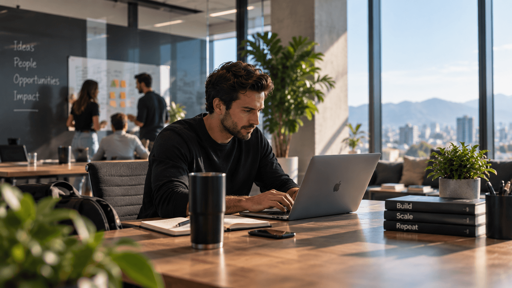 An Integro strategist working heads-down on a laptop in the office