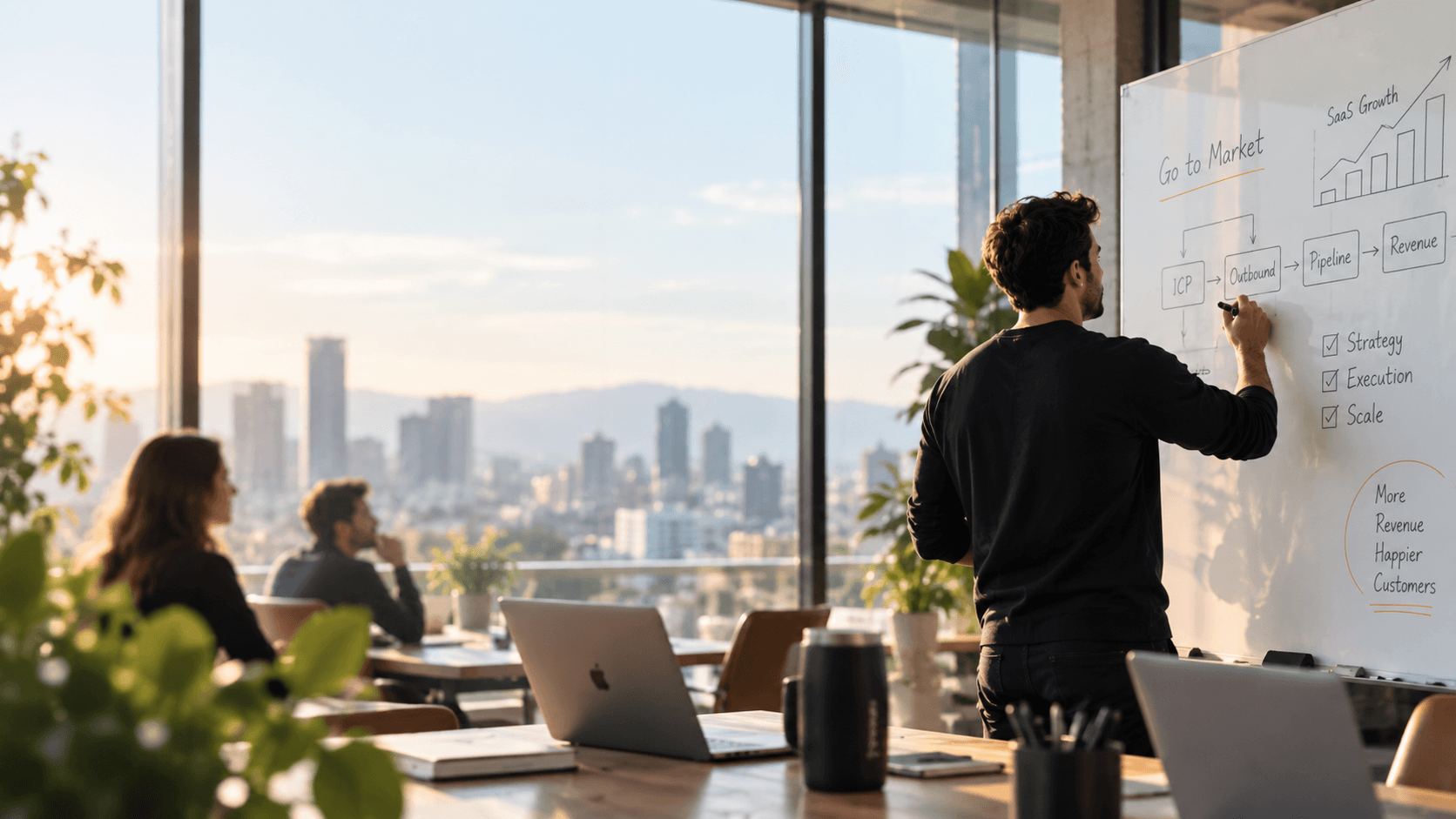 An Integro strategist mapping a Go-to-Market plan on a whiteboard in front of a city skyline