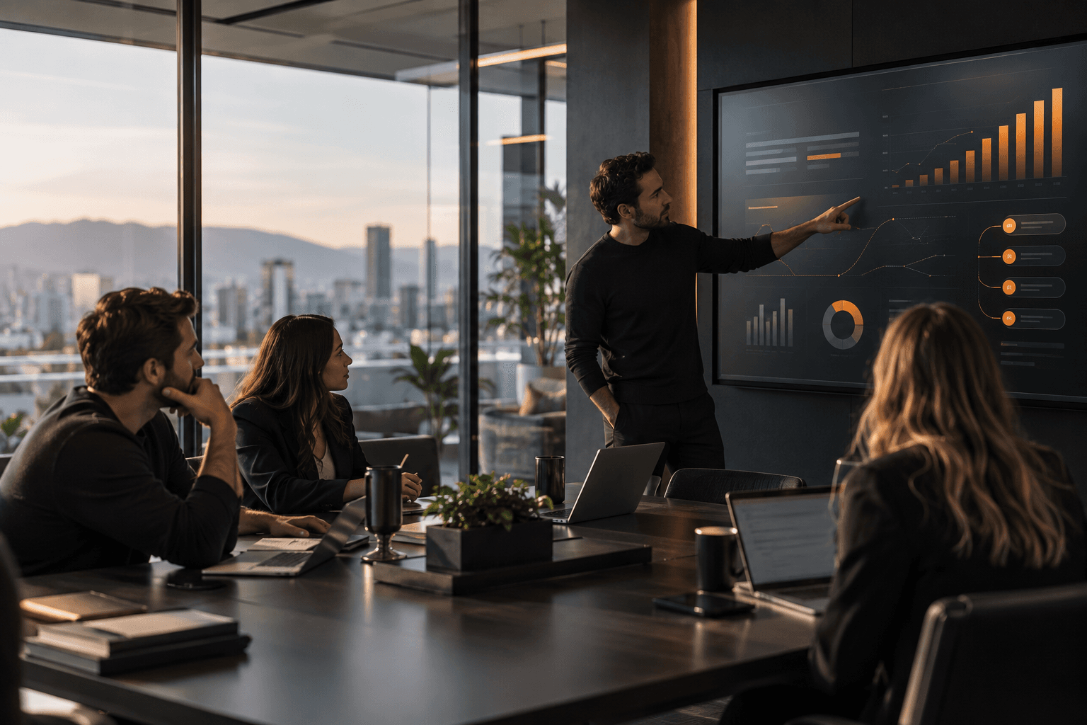 An Integro strategist presenting a revenue analytics dashboard to the team