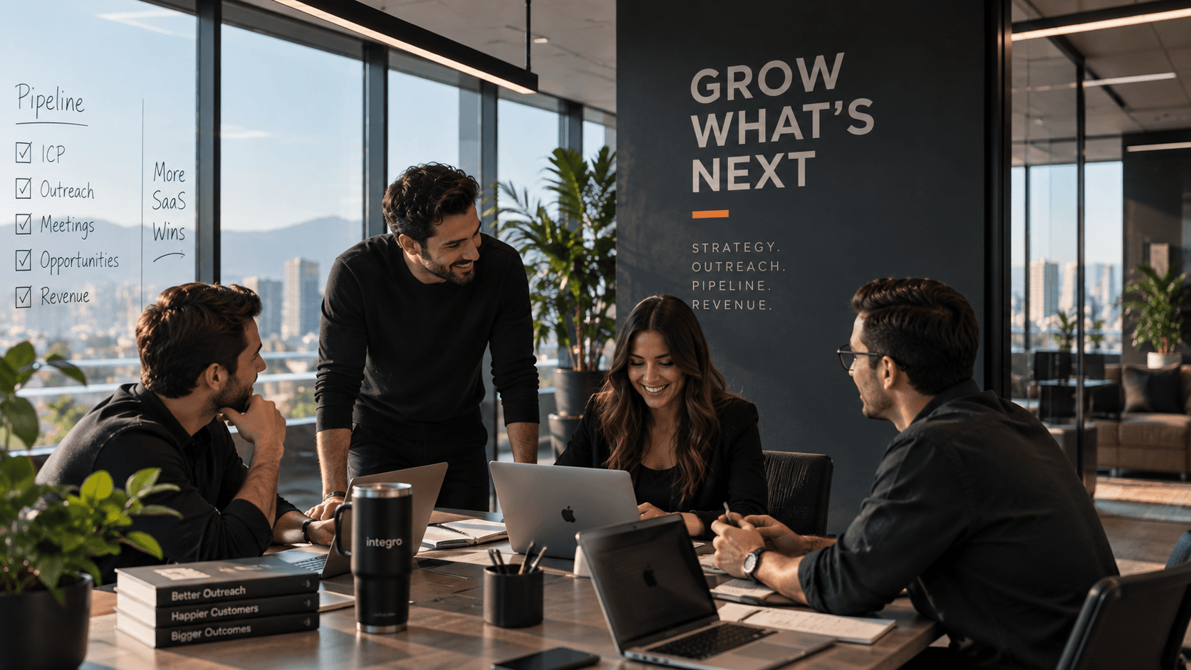 The Integro team collaborating around a table in front of a wall that reads Grow What's Next